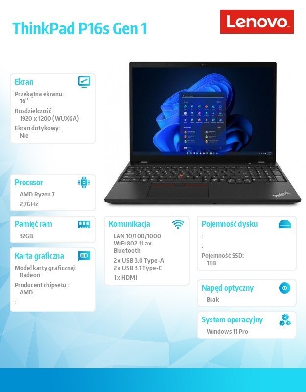 Lenovo Mobilna stacja robocza ThinkPad P16s G1 21CK0036PB W11Pro 6850U/32GB/1TB/AMD Radeon/16.0 WUXGA/Black/3YRS Premier Support + CO2 
