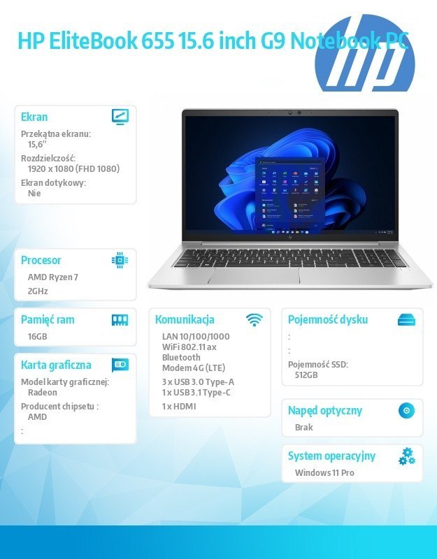 HP Inc. Notebook EliteBook 655 G9 R7-5825U 512GB/16GB/W11P/15.6 6F1P9EA