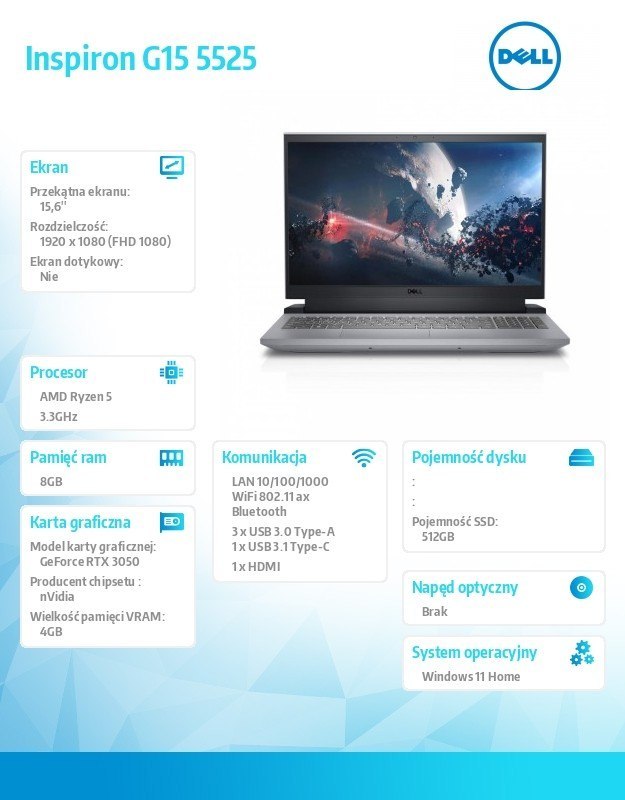 Dell Notebook Inspiron G15 5525 Win11Home R5 6600H/15,6 FHD/512GB/8GB/RTX 3050/2Y BWOS