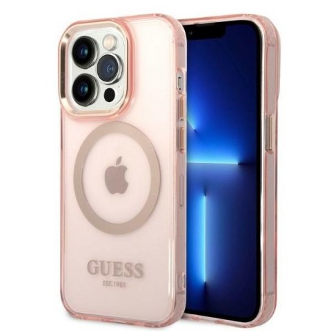 Guess GUHMP14LHTCMP iPhone 14 Pro 6,1" różowy/pink hard case Gold Outline Translucent MagSafe