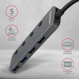 AXAGON HUE-MSA Hub 4-portowy USB 3.2 Gen 1 switch, metalowy, 20cm USB-A kabel, microUSB dodatkowe zasilanie