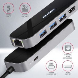 AXAGON HMC-6GL Wieloportowy hub 3x USB-A, HDMI, RJ-45, USB 3.2 Gen 1 hub, PD 100W 20cm USB-C kabel