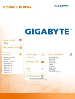 Gigabyte Płyta główna B760M DS3H DDR4 s1700 DDR4 2DP/HDMI mATX