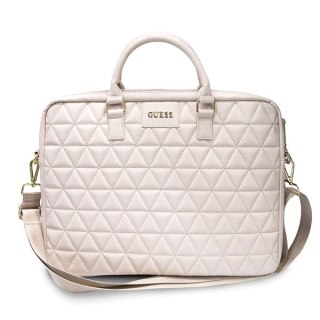 Guess Skórzana torba na laptopa 16" | Różowa Quilted