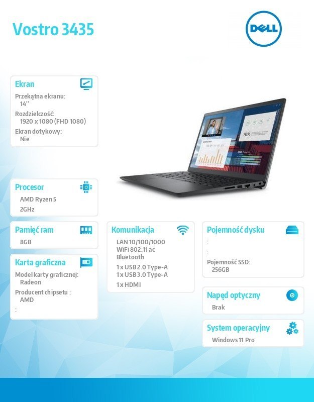 Dell Notebook Vostro 3435 Win11Pro Ryzen 5 7530U/8GB/256GB SSD/14.0 FHD/AMD Radeon/FgrPr/Cam & Mic/WLAN + BT/Backlit Kb/3 Cell/3Y Pro