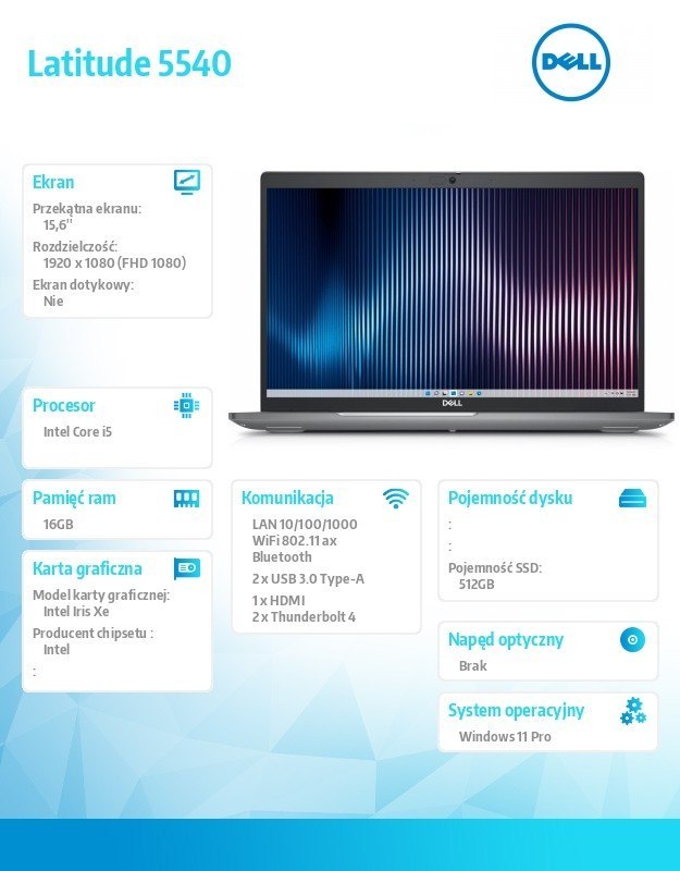 Dell Notebook Latitude 5540 Win11Pro i5-1345U/16GB/512GB SSD/15.6 FHD/Integrated/FgrPr & SmtCd/FHD/IR Cam/Mic/WLAN + BT/Backlit Kb/3 