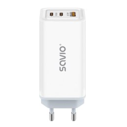 Ładowarka sieciowa GaN Savio LA-07, 1 x USB-A, 2 x USB-C, QC 4,0+, PD 3.0, 65W, biała