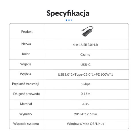 Orico Aktywny hub USB-C 5Gbps, 2x USB-A, 2x USB-C, Power Delivery 100W