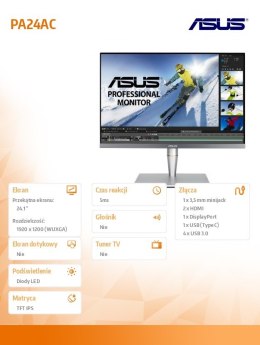 Asus Monitor 24 cale PA24AC ProArt WUXGA IPS 100% sRGB 1200cd/m2 500:1 HDMI USB-C DP PIVOT Głośnik PIP PBP