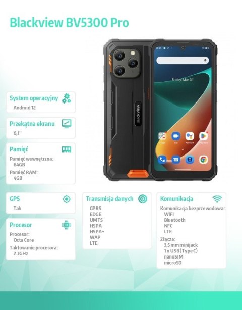 Blackview Smartfon BV5300 PRO 4/64GB 6580 mAh DualSIM pomarańczowy