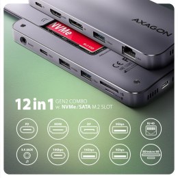 AXAGON HMC-12GM2 Wieloportowy hub USB + M.2 pozycja, 12in1 10Gbps, 3x USB-A, USB-C, HDMI, DP, RJ-45, SD/mSD, audio, PD