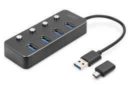 Hub USB 3.0/Koncentrator DIGITUS 4-portowy USB A + adapter USB-C 5Gbps z wyłącznikami aluminiowy pasywny
