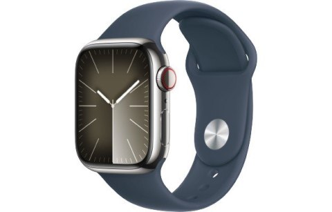 Apple Watch Series 9 GPS + Cellular, 41mm Koperta ze stali nierdzewnej w kolorze srebrnym z paskiem sportowym w kolorze sztormowego bł