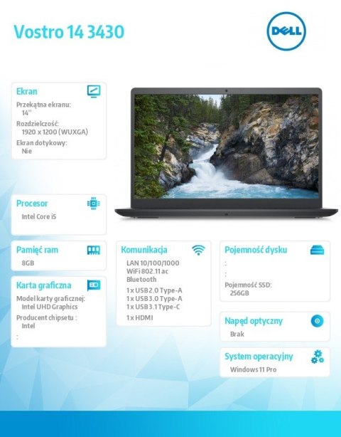 Dell Notebook Vostro 14 (3430) Win11Pro i5-1335U/8GB/256GB SSD/14.0 FHD/Intel UHD/FgrPr/Cam & Mic/WLAN + BT/Backlit Kb/3 Cell/3YPS