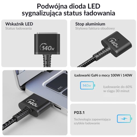 Unitek Kabel zasilający USB-C - MagSafe 3 140W 2 m