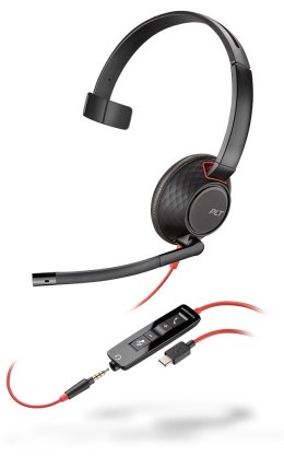 Zestaw Słuchawkowy POLY Blackwire 5200 (207587-201) USB-C, Mono Nauszne 8kHz USB/Wtyk stereo jack 3,5 mm, Czarny /Czerwony