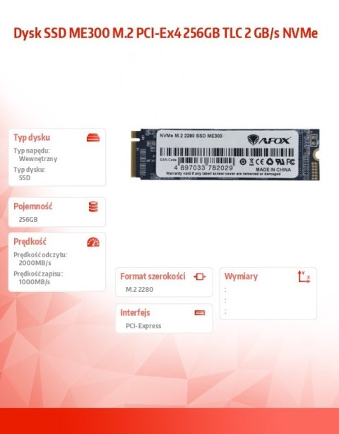 AFOX Dysk SSD ME300 M.2 PCI-Ex4 256GB TLC 2 GB/s NVMe