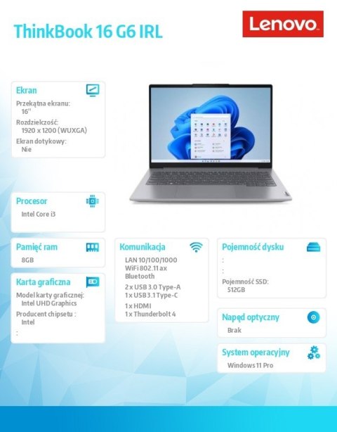Lenovo Laptop ThinkBook 16 G6 21KH0078PB W11Pro i3-1315U/8GB/512GB/INT/16.0 WUXGA/Arctic Grey/3YRS OS + CO2 Offset