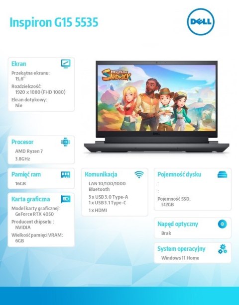 Dell Notebook Inspiron G15 5535 Win11Home Ryzen 7 7840HS/15.6 FHD/512GB/16GB/RTX 4050/2Y NBD