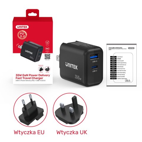 Unitek Ładowarka GaN PD 35W USB-C + USB-A | Podróżna | Czarna | P1119A