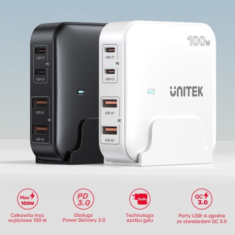 Unitek Ładowarka biurkowa GaN Czarna | 100W | 2xUSB-A | 2xUSB-C | P1229ABK01-EU