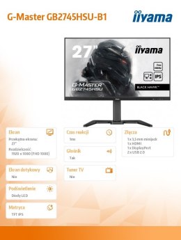 IIYAMA Monitor 27 cali G-Master GB2745HSU-B1 IPS,FHD,100Hz,1ms,2xUSB,HDMI,DP,2x2W, FreeSync,HAS(150mm)