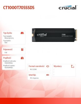 Crucial Dysk SSD T705 1TB M.2 NVMe 2280 PCIe 5.0 13600/10200 radiator