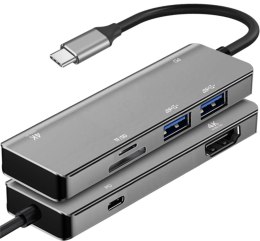 ADAPTER USB-C męski / HDMI żeński 4k 60Hz / 2x USB3.0 / 1x USB-C / CF/SD czytnik (ALU) 15cm ART oem