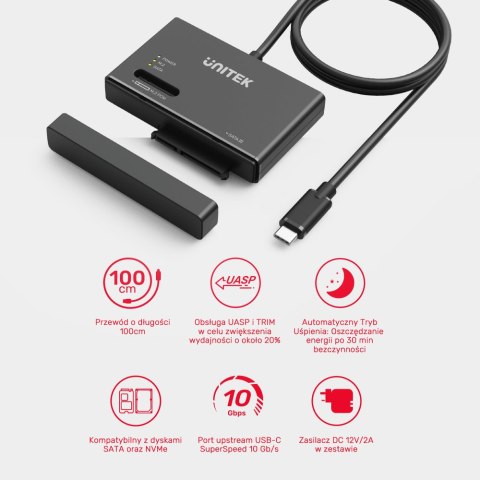 Unitek Mostek USB-C na dyski SATA i M.2 MVMe | 1m | S1232A01-EU