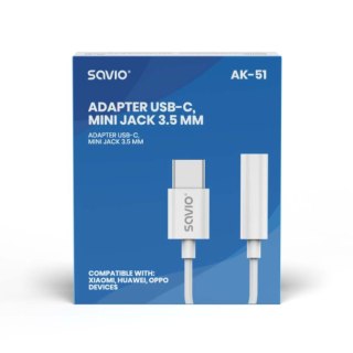 Savio Adapter USB-C - Mini Jack 3,5mm, Xiaomi, Huawei, Oppo, AK-51