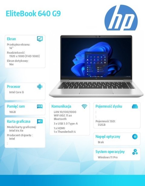 HP Inc. Notebook EliteBook 640 G9 i5-1235U 512GB/16GB/W11P/14.0 9M3L6AT