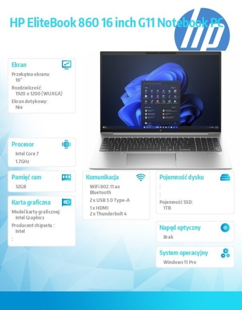 HP Inc. Notebook EliteBook 860 G11 U7-155U 1TB/32GB/W11P/16.0 9G0G1ET