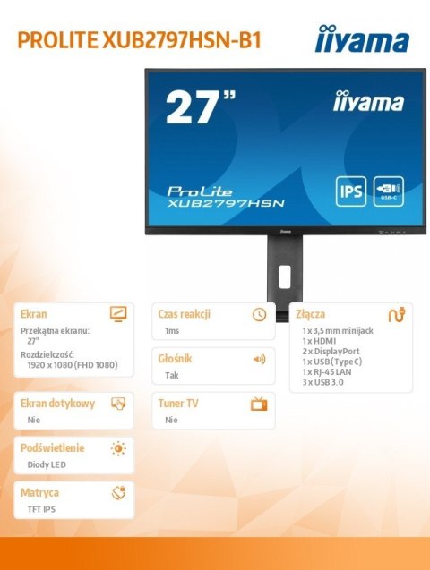 IIYAMA Monitor 27 cali XUB2797HSN-B1 IPS,FHD,USB-C Dock,HAS