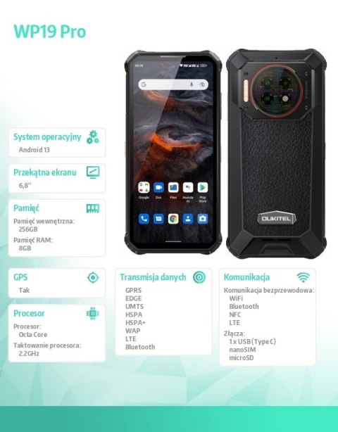 OUKITEL Smartfon WP19 Pro 8/256GB 22000 mAh NFC czarny