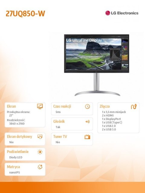 LG Electronics Monitor 27UQ850-W 27 cali UHD 4K Nano IPS