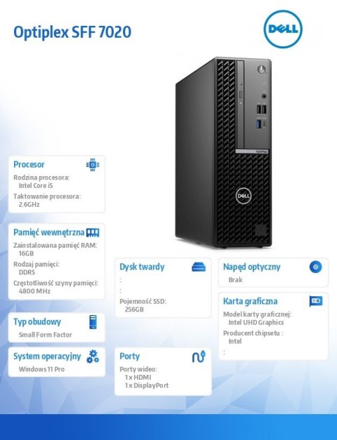 Dell Komputer Optiplex SFF/Core i5-14500/16GB/256GB SSD/Integrated/WLAN + BT/Kb/Mouse/W11Pro