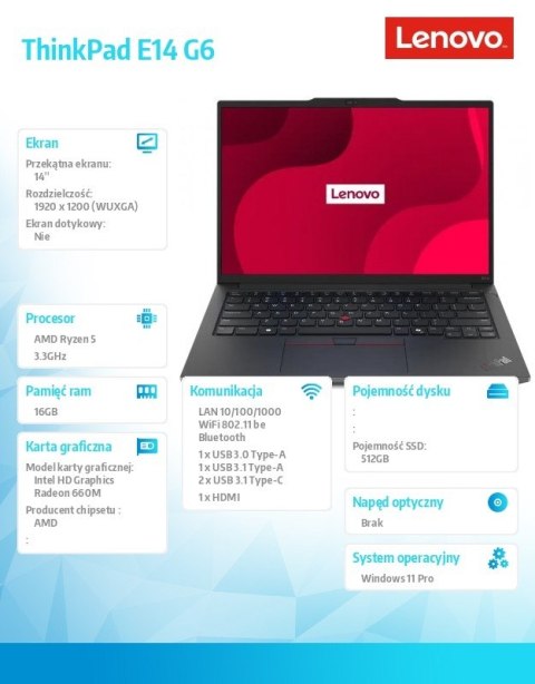 Lenovo Laptop ThinkPad E14 G6 21M30027PB W11Pro 7535HS/16GB/512GB/INT/14.0 WUXGA/Graphite Black/1YR Premier Support + 3YRS OS + CO2 Off