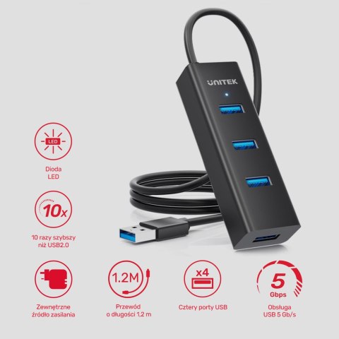 Unitek Aktywny hub USB-A 5Gbps | 4 porty USB-A | 1,2m | Y-3089V01