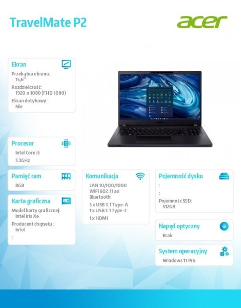 Acer Noteboook Travel Mate P2 P215-54-53TA WIN11PRO/i5-1235U/8GB/512SSD/IrisXe/15.6