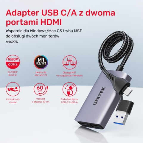 Unitek Adapter USB/C/A na 2x HDMI MST FullHD