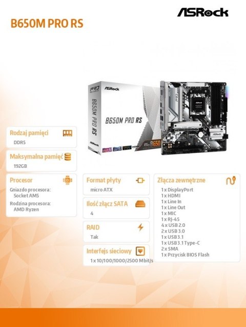 ASRock Płyta główna B650M PRO RS AM5 4DDR5 HDMI/DP mATX
