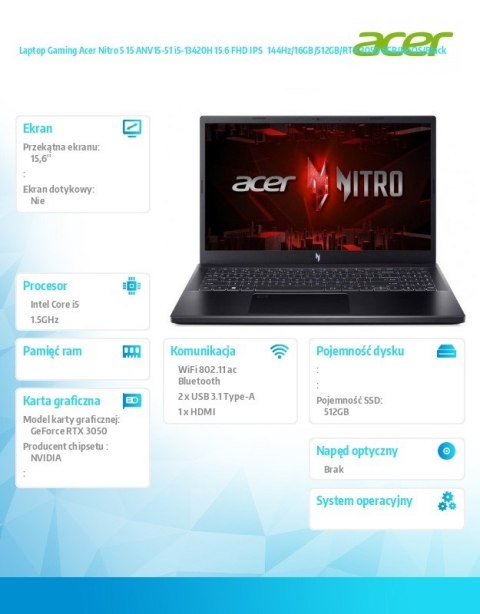 Acer Laptop Gaming Acer Nitro 5 15 ANV15-51 i5-13420H 15.6 FHD IPS 144Hz/16GB/512GB/RTX 3050 6GB/NoOS/Black