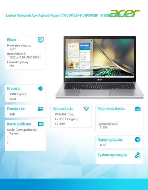 Acer Notebook Aspire 5 Ryzen 7 7730U/15.6 FHD IPS/8GB/ 512GB/NoOS/Steel Gray