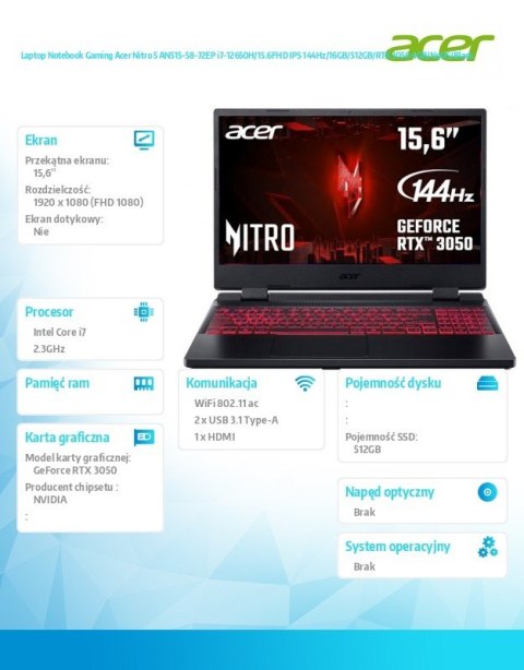 Acer Notebook Gaming Nitro 5 AN515-58-72EP i7-12650H/15.6FHD IPS 144Hz/16GB/512GB/RTX 3050 4GB/NoOS/Black