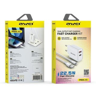 AWEI ład. siec. PD81L-EU 22.5W + kabel USB + Lightning biała/white GaN