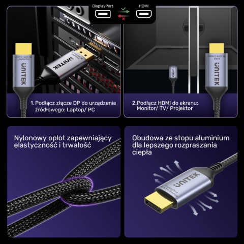 Unitek Kabel DisplayPort 1.4 do HDMI 2.1 | 8K | 1,8m | V1610A01