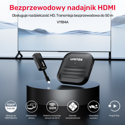 Unitek Bezprzewodowy nadajnik HDMI | Zasięg do 50m | Czarny | V1184A01