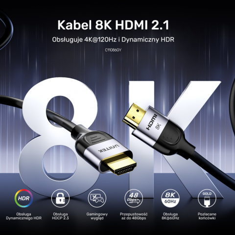 Unitek Kabel HDMI 2.1 8K 60Hz | Czarny | 1,5m | C11086GY01-1.5M