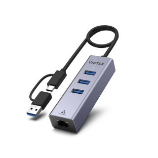 Unitek Hub USB-C 4w1 | 1x Ethernet 3x USB-A | 5 Gbps | Z adapterem USB-A | Y-3088B