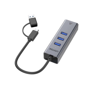 Unitek Hub USB-C 4w1 | 1x Ethernet 3x USB-A | 5 Gbps | Z adapterem USB-A | Y-3088B